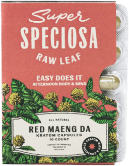 'Super Speciosa Red Maeng Da Kratom capsules package, featuring herbal illustrations and text.'