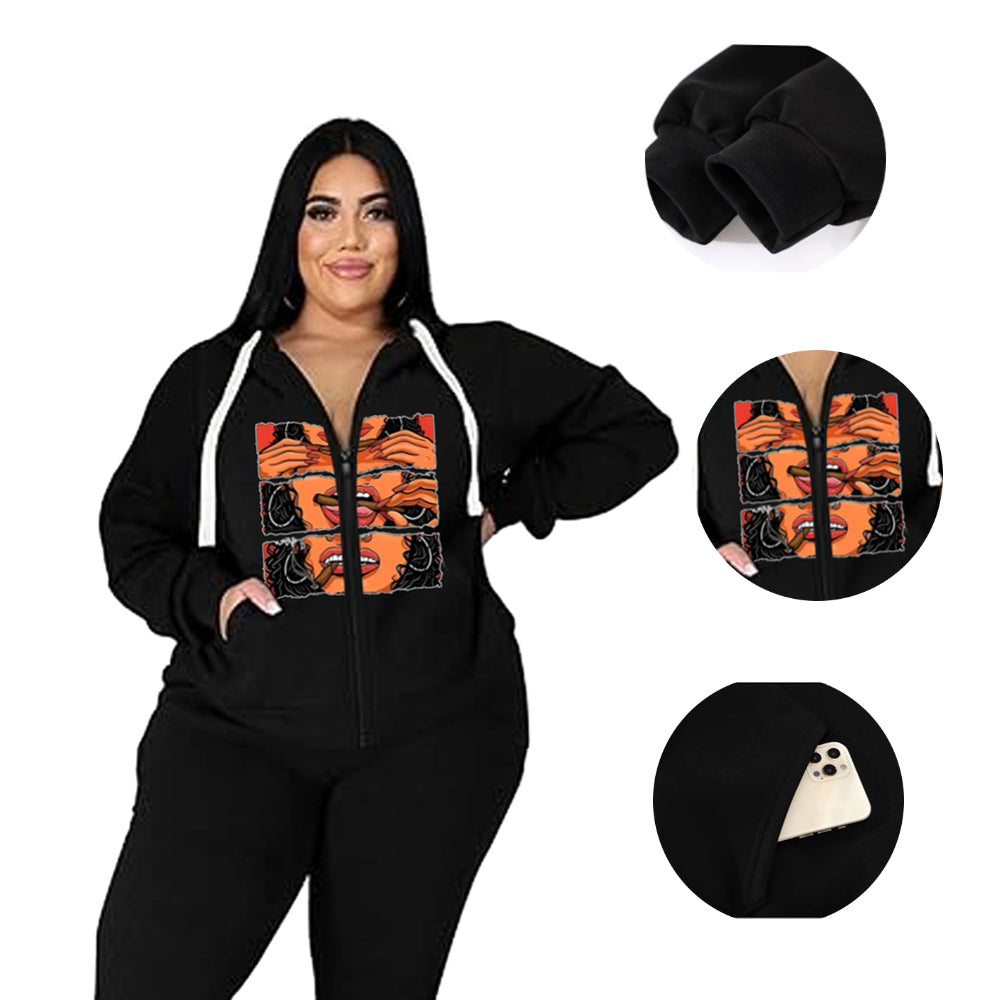 Women Plus Size Comfort Zip Christmas Print Hoodie