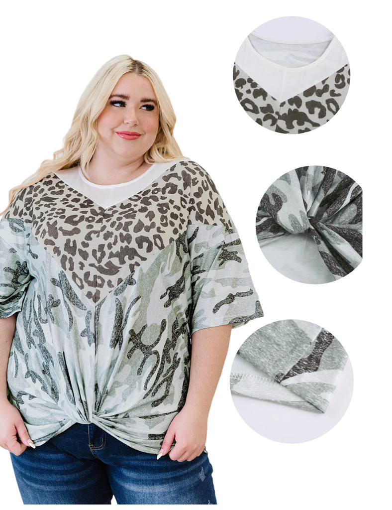Women Plus Size Leopard Oversized Leopard Panel Knot T-Shirt