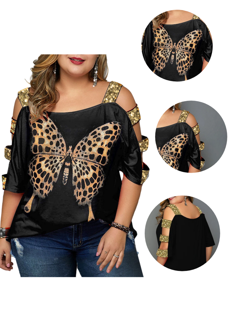 Women Plus Size Belted off-the-shoulder cutout sequined T-shirt