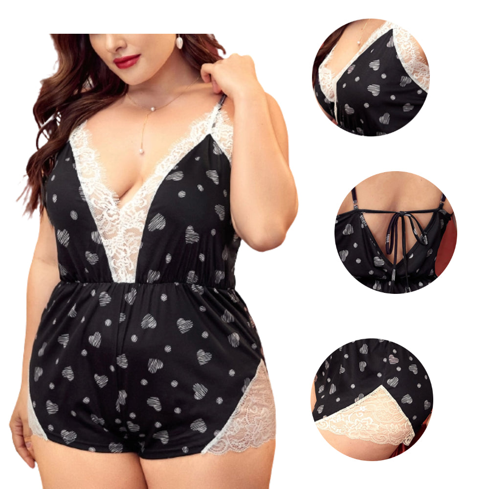 Women Plus Size V-Neck Lace Love Print Bodysuit