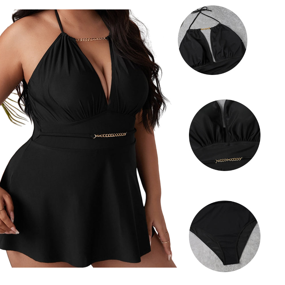 Women Plus Size Solid Color Push Up Skirt Loose Beach Swimsuit