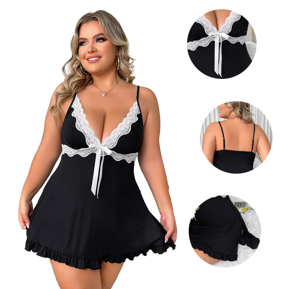 Women Plus Size Elegant Lace Cup Sheer Backless Babydoll