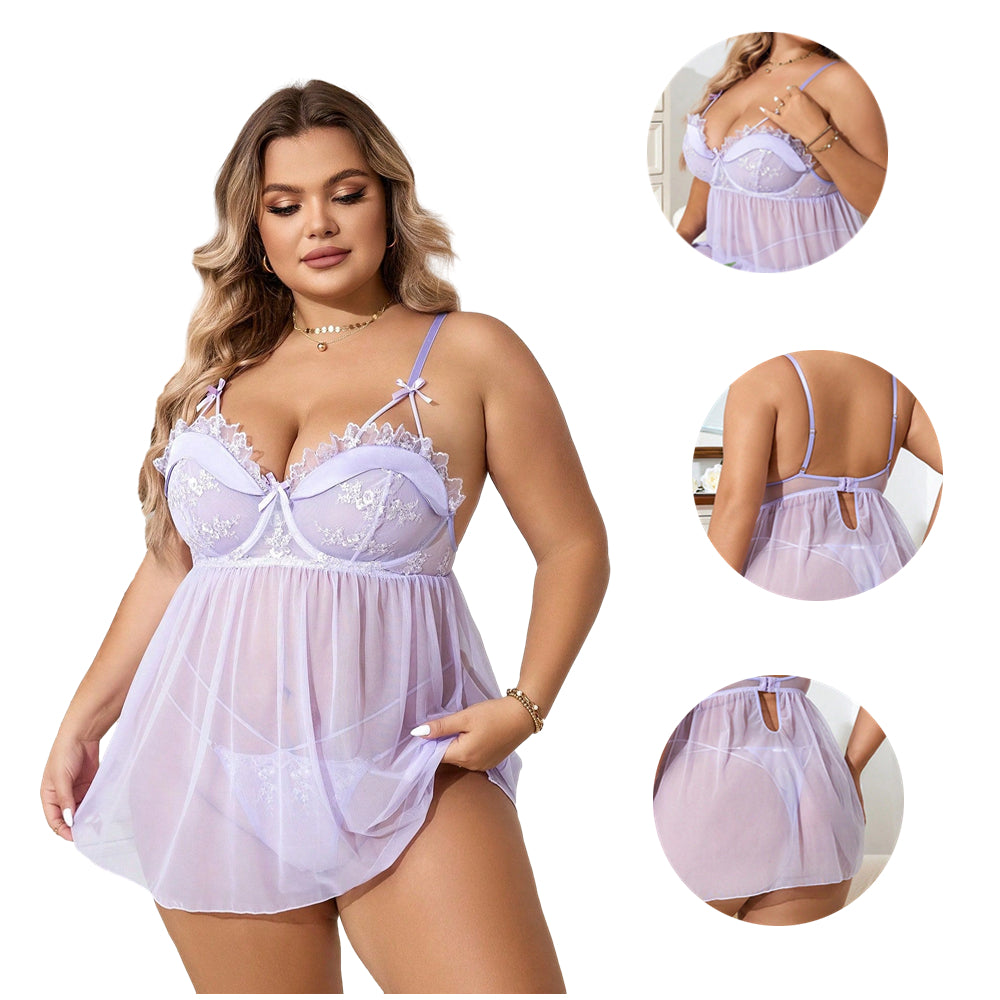 Women Plus Size Sling Lace Sheer Floral Babydoll