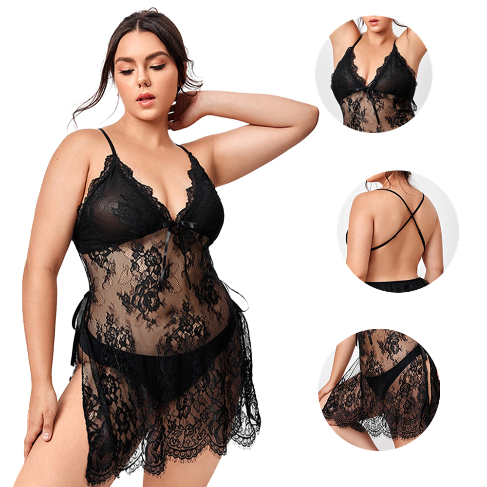 Women Plus Size H Floral Lace Transparent Mesh Babydoll