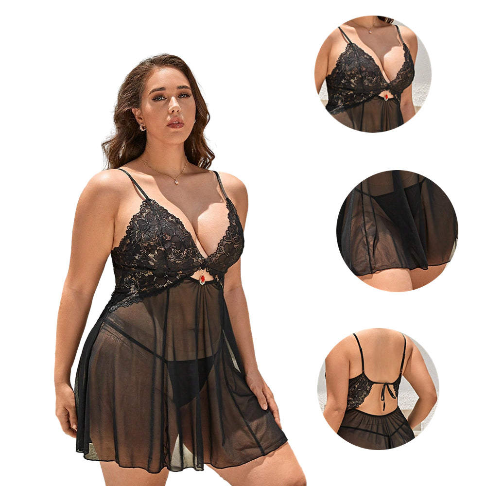 Women Plus Size Deep V Neck Soft Lace  Sexy Sheer Mesh Babydoll