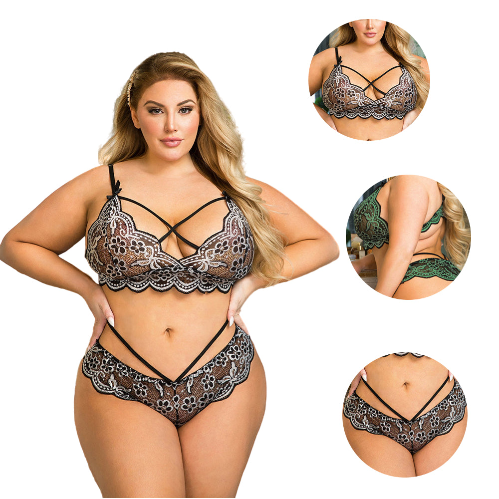 Women Plus Size Floral Embroidery Sexy Lingerie Bra Set