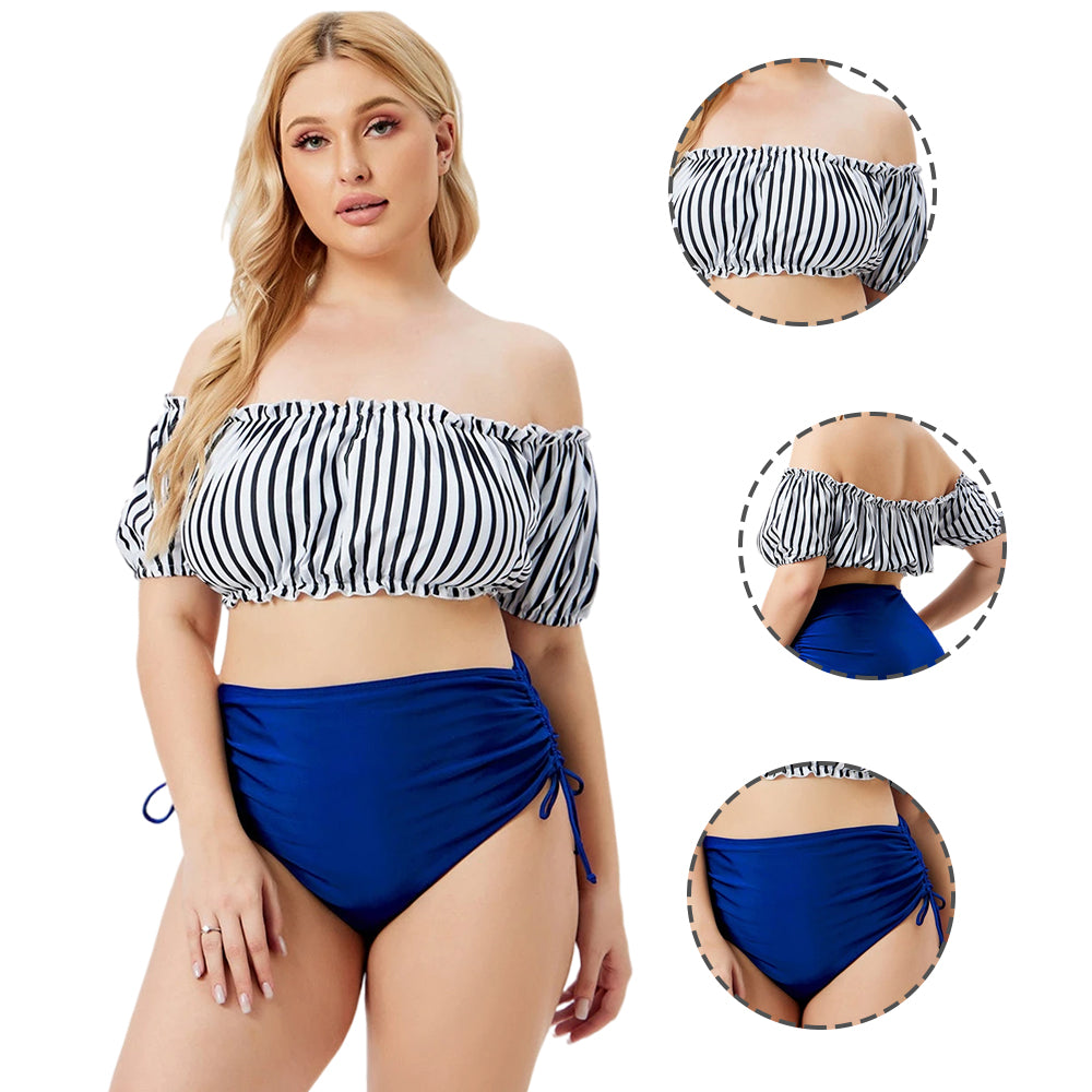 Women Plus Size Bathing Suits Striped Criss Cross Bikini Set High Waisted Swimsuits