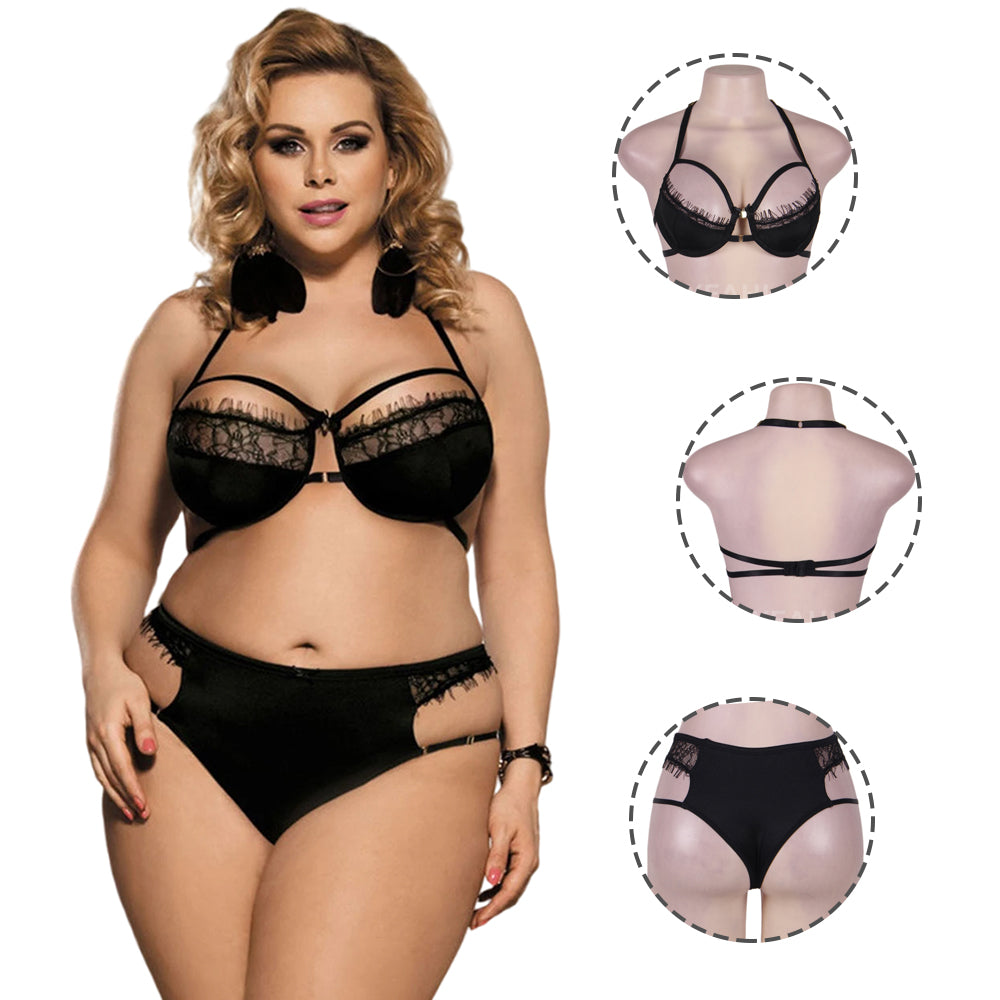 Women Plus Size Black Eyelash Lace Halter Sexy Bra Set