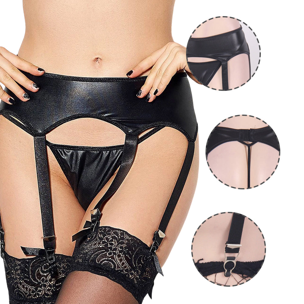 Women  Plus Size Black Leather Sexy Panty Underwear Set Garter Belts