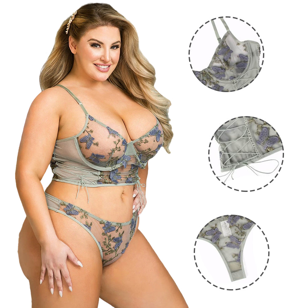 Women Plus Size Butterfly Embroidered Mesh Underwire Bra Set