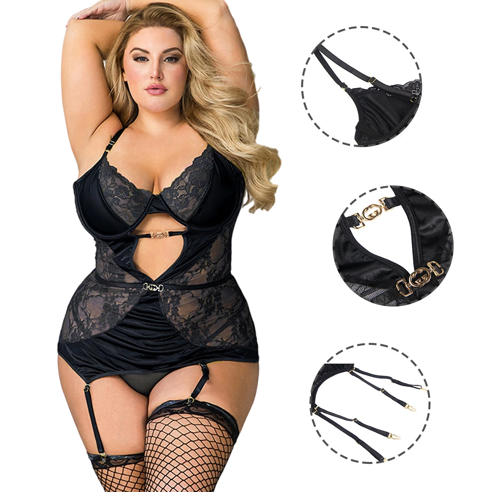 Women Plus Size Hollow Out Deep V Perspective Sexy Babydoll