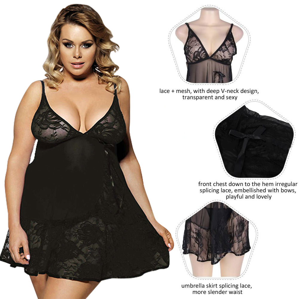 Women Plus Size Deep V Neck Soft Lace  Sexy Sheer Mesh Babydoll