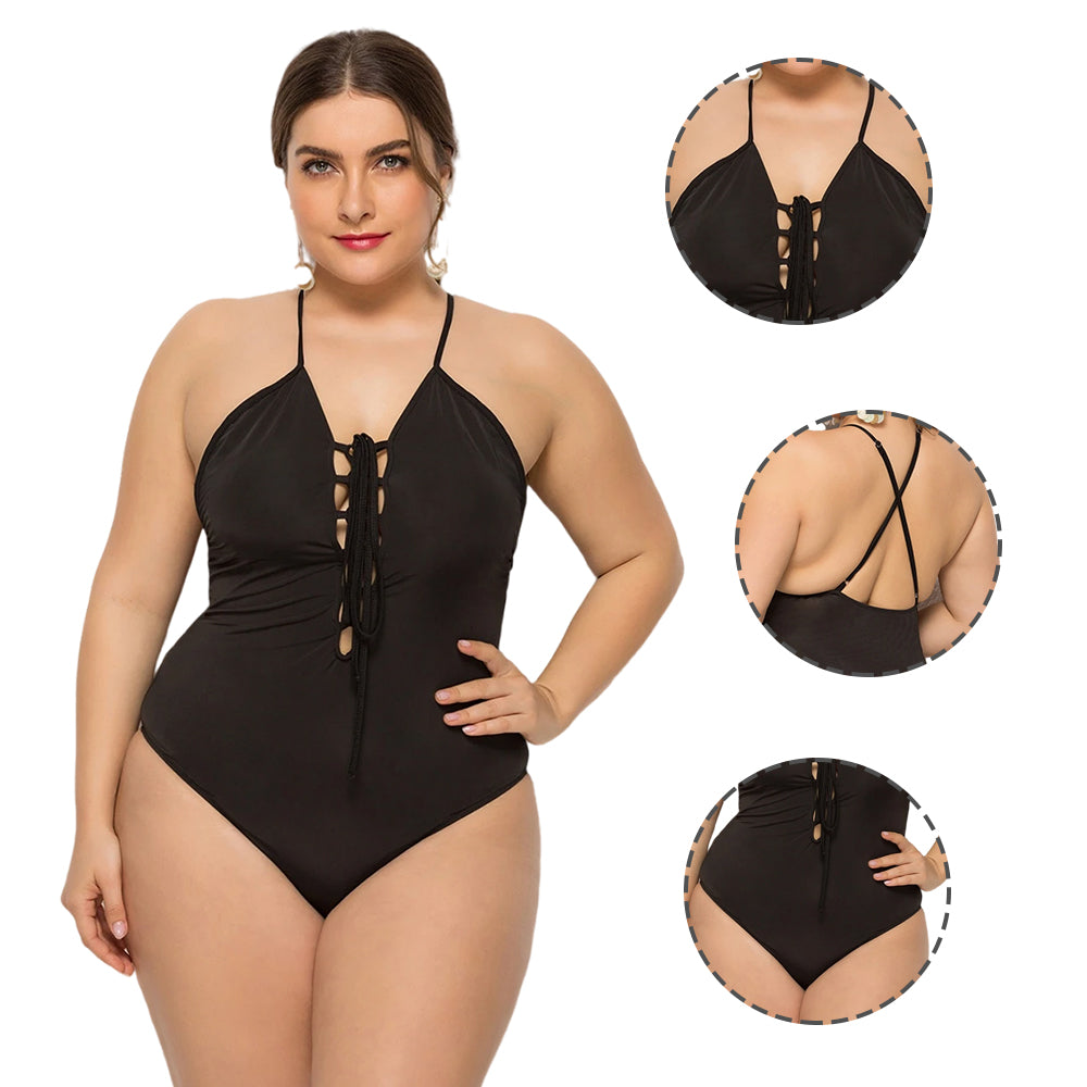 Women Plus Size Solid Color Deep V Cross Backless Swimsuit