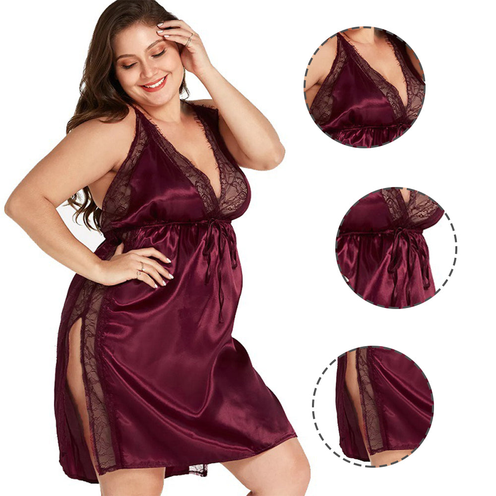 Women Plus Size Lace-Paneled V-Neck Satin Babydoll