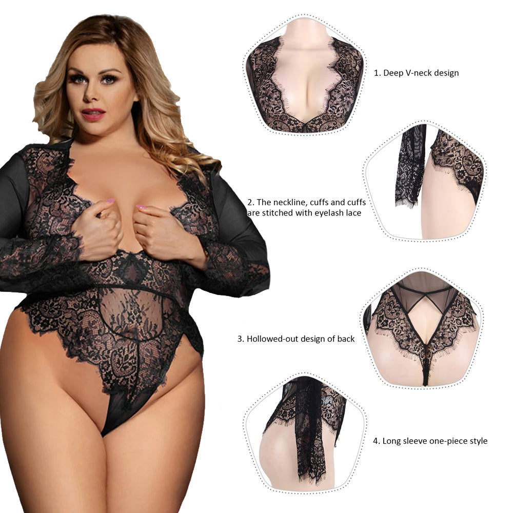 Women Plus Size Navy Exquisite Lace Sleeve Teddy