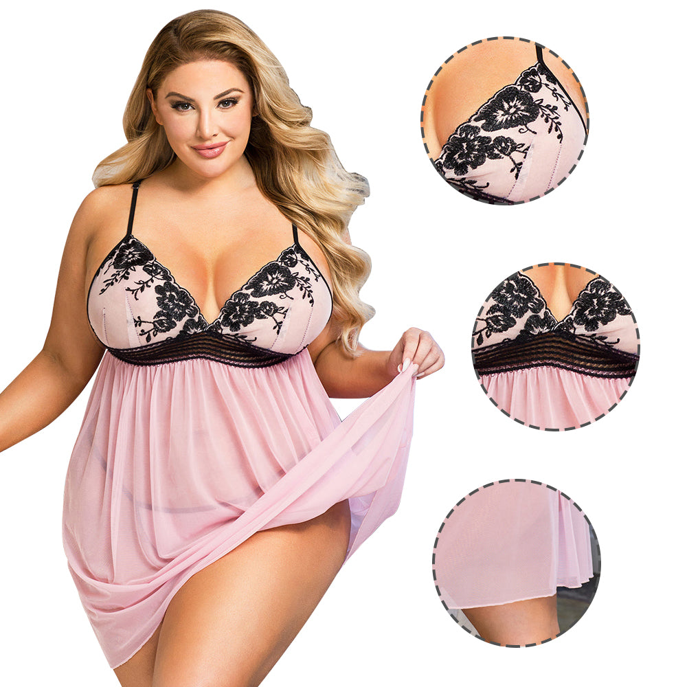 Women Plus Size Exquisite Mesh Embroidered Sexy Babydoll