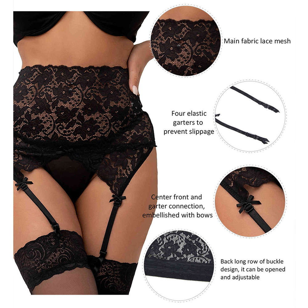 Women's Plus Size Black Satin Front Mesh Garter Belt