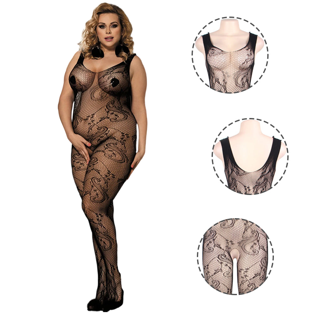 Women Plus Size Fishnet Crotchless Bodystocking with Lacing