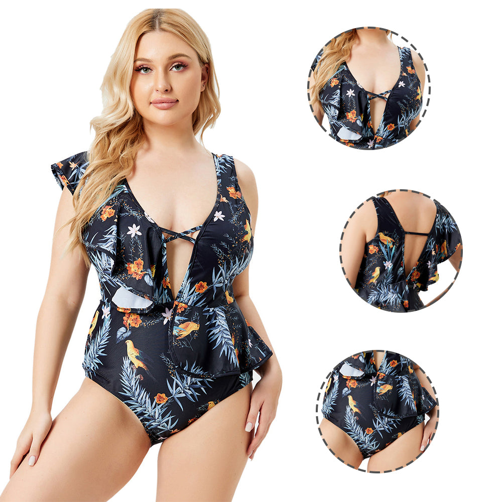Women Plus Size Flowers and birds print one-piece swimsuit