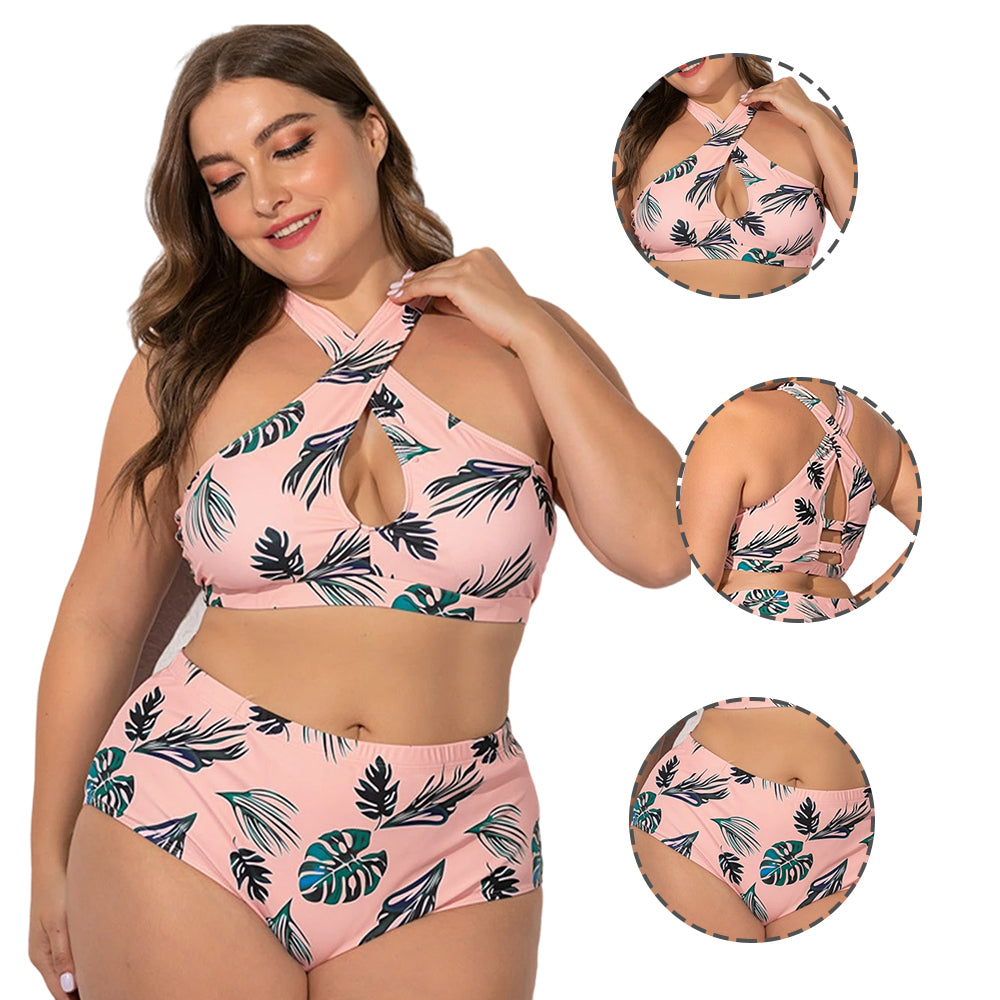 Women Plus Size Green Leaf Cross Surrounded Two Piece Swimsuit