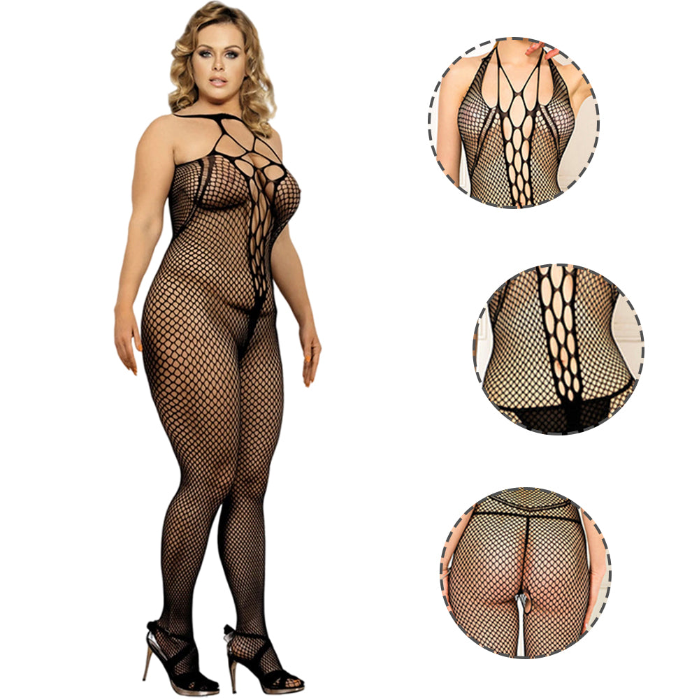 Women Plus Size Halter Sexy Neck Open Back Netted Bodystocking