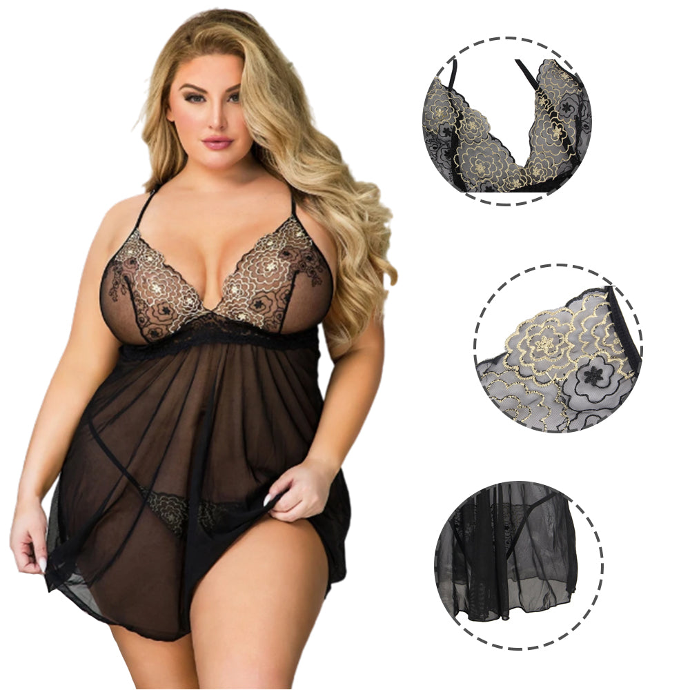 Women Plus Size Ladies Embroidery  Mesh Sheer  Sexy Babydoll
