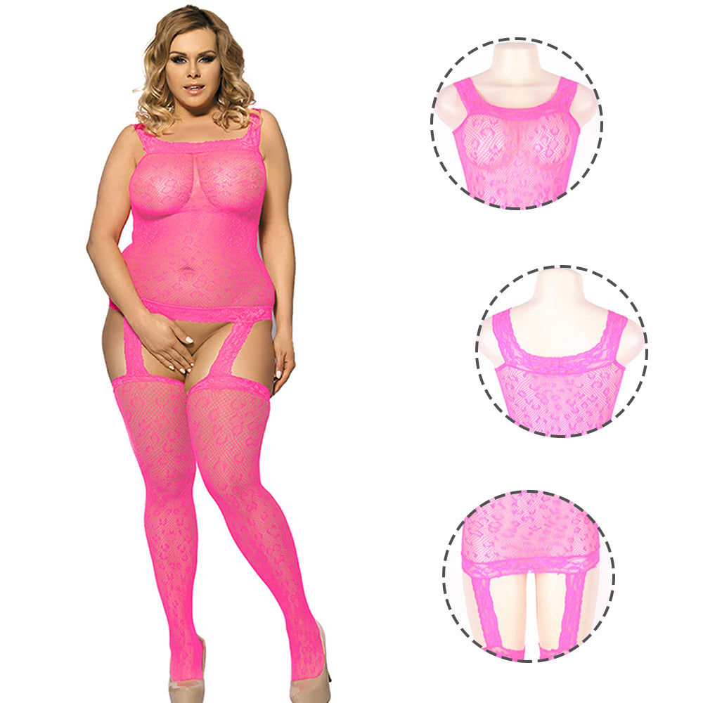 Women Plus Size Leopard Patterned Garter Pink Bodystocking
