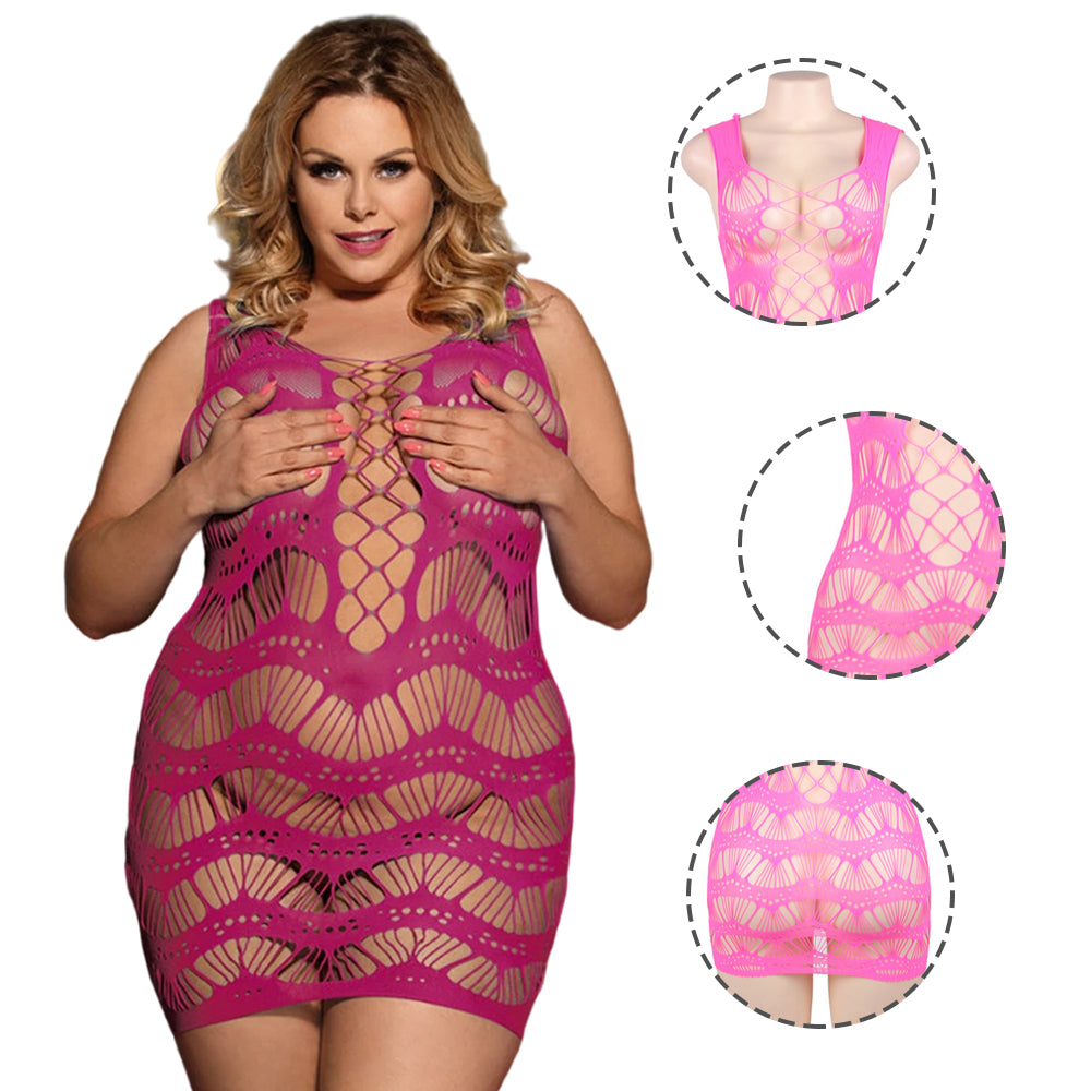 Women Plus Size Rose Red Crocheted Lace Hollow Out Chemise Bodystocking