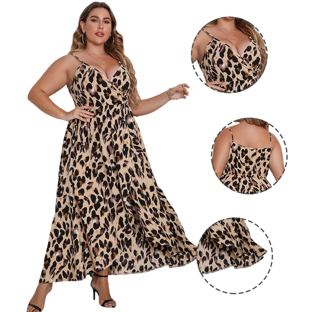 Women Plus Size Sexy V-neck Suspender Leopard Dress
