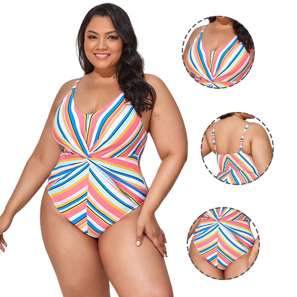 Women Plus Size Striped Crossover Swimsuit