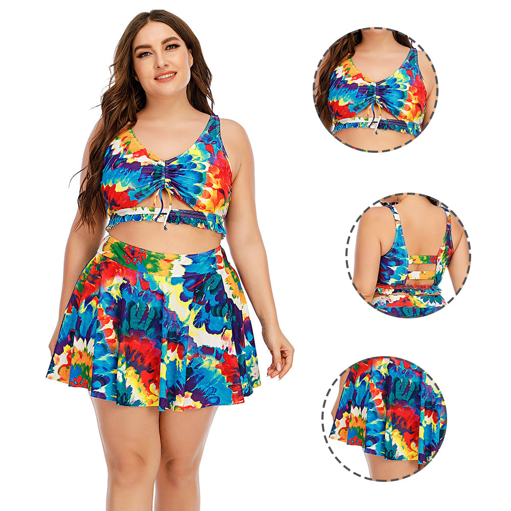 Women Plus Size Two Piece Swimsuit Floral Printed Swimdress Cover Up Skirtini Bathing Suit