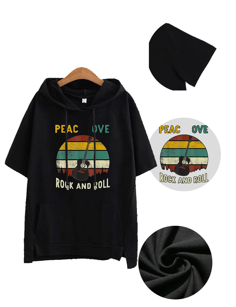 Women Plus Size Peace Love Rock And Roll Guitar Retro Vintage T-Shirt
