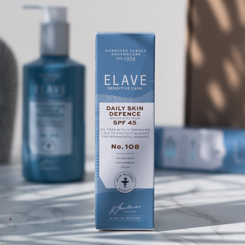 Elave Daily Skin Defence SPF45 No.108 contains a unique combination of oil-free emollients to hydrate the skin, together with high UVA & UVB protection. The Invisible Zinc is absorbed quickly and the Vitamins B5 & E anti-oxidant enriched formula helps protect skin and repair environmental skin damage