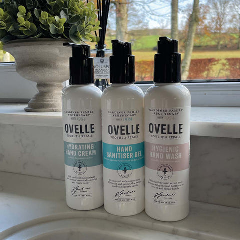 The Ovelle Hand Hygiene Essentials pack contains:  Ovelle Hygienic Hand Wash is a sensitive hand wash with enhanced antibacterial protection to gently cleanse skin, while moisturising coconut botanicals and Vitamin E leave hands feeling soft and refreshed without stripping natural oils.   Ovelle Advanced Hand Sanitiser Gel is a non-sticky, disinfectant hand rub containing 70% alcohol and is clinically proven effective for control of viruses and bacteria. Sanitises and disinfects hands quickly. Contains moisturising Glycerine and gentle Aloe Vera to help soothe and repair hands. Kills 99.99 % of all bacteria. Effective for frequent use, even on sensitive skin.  Ovelle Hydrating Hand Cream contains a blend of coconut botanicals and emollient moisturisers to hydrate and soften all skin types, especially dry skin. Formulated without fragrances or colours, it gently soothes the hands while repairing your skin’s natural barrier