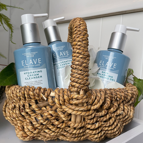 Hydrating Cream Cleanser,  Elave Rejuvenating Cleansing Treatment and Skin Balancing Cleansing Gel in a wicker basket