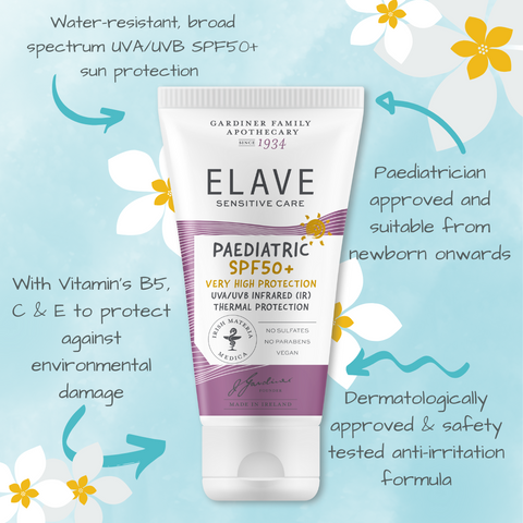 Elave Sun Paediatric SPF50+ is a waterproof, allergen free broad spectrum UVA and UVB protection system with advanced Infrared (IR) – thermal protection. Paediatrician approved from newborn, this hypo-allergenic formula helps shield delicate skin from harmful UVA, UVB and infrared (IR) rays. If used as directed and with other sun protection measures Elave Paediatric SPF50+ decreases the risk of skin cancer and early skin ageing caused by the sun and absorbs 98% of UVB radiation that causes sunburn