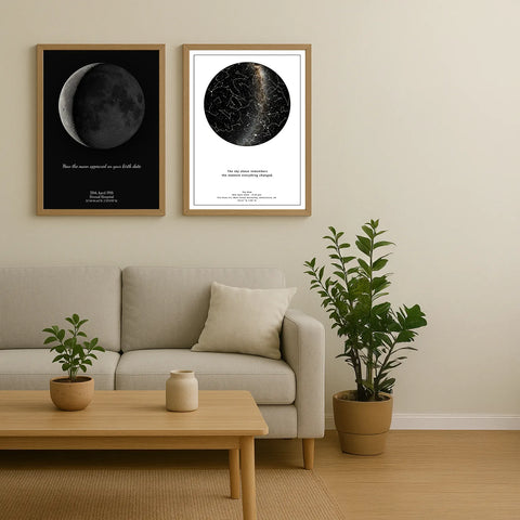Framed moon phase map and star map displayed above a minimalist beige sofa, styled with neutral decor and green houseplants – showcasing Skylit Studio’s custom celestial art prints, perfect for gifts linked to zodiac signs like Cancer or Pisces.