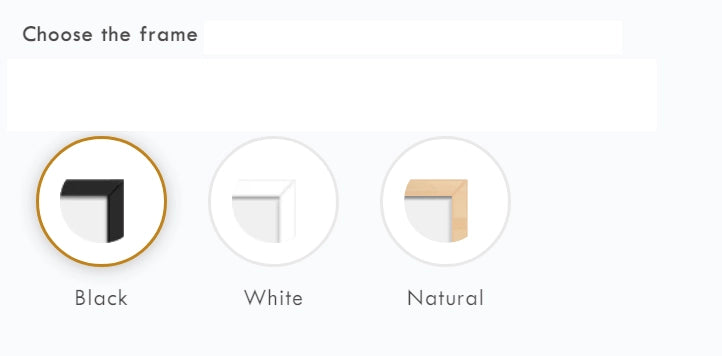 Frame selection interface for personalised star maps, offering black, white, and natural wood frame options.