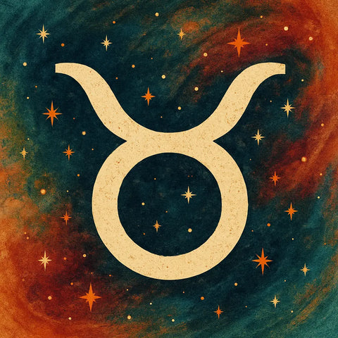 Taurus zodiac symbol set in a dreamy, starlit galaxy background, reflecting stability and sensual earth sign energy.