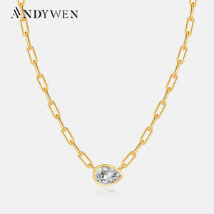 ANDYWEN 925 Sterling Silver Gold Horoscope Chain Big Pear Pendant Long - Paris Jewelry