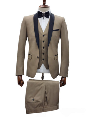 2 Button Tan Slim Fit Suit with Black Shawl Lapel FF2SSX+V-1230 - Suitfellas