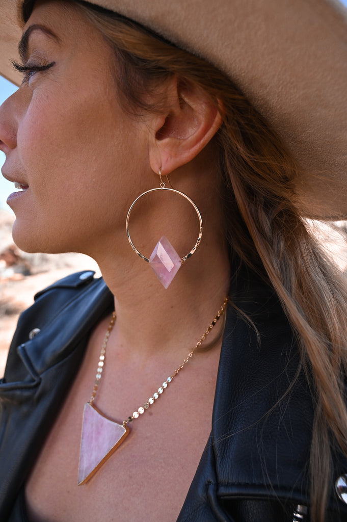 pink rose quartz crystal hoop earrings gold necklace
