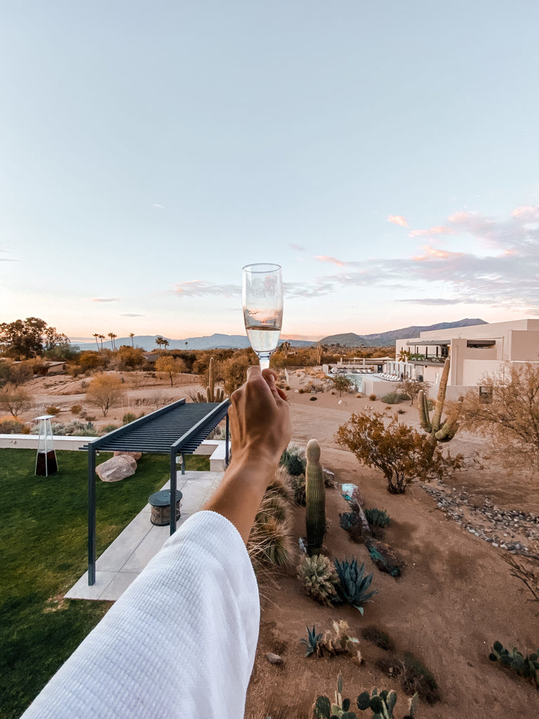 civana resort holding up glass to desert