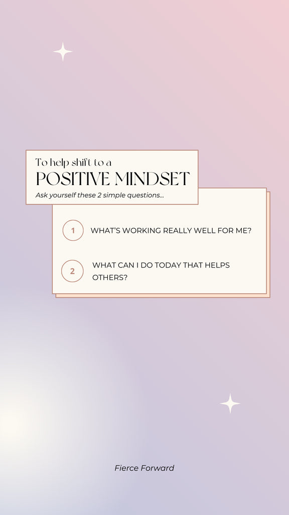 text: To Help Shift to a Positive Mindset Ask Yourself These 2 Simple Questions: What's Working Really Well for Me What Can I do Today That Helps Others