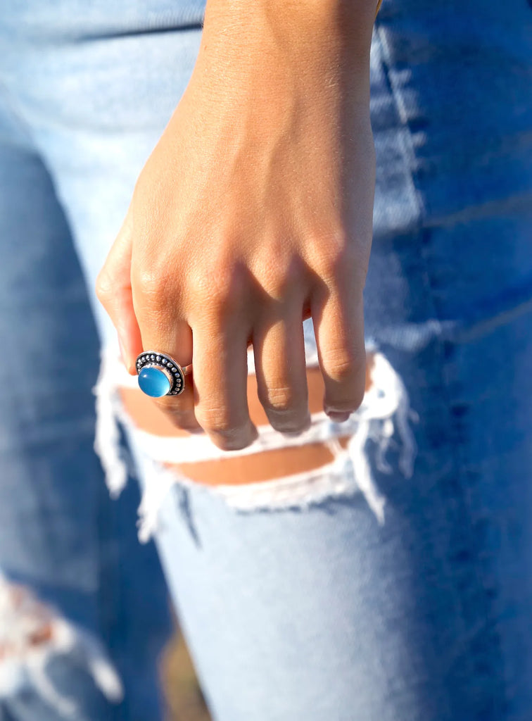 Woman Wearing Blue Chalcedony Ring