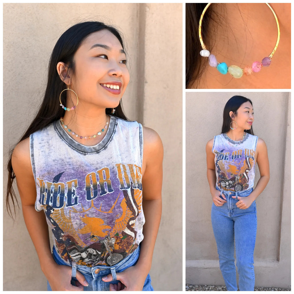 Woman Wearing Chakra Hoop Earrings Collage