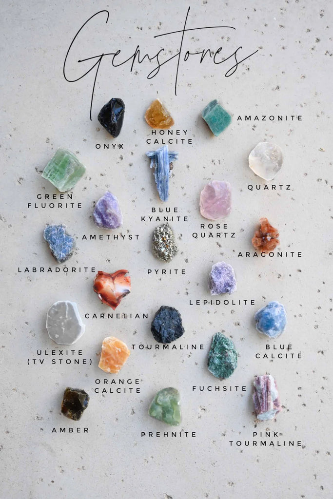 Photo shows a number of the most popular crystals and gemstones for meditation