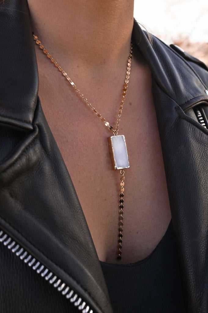 selenite necklace lariat girl wearing