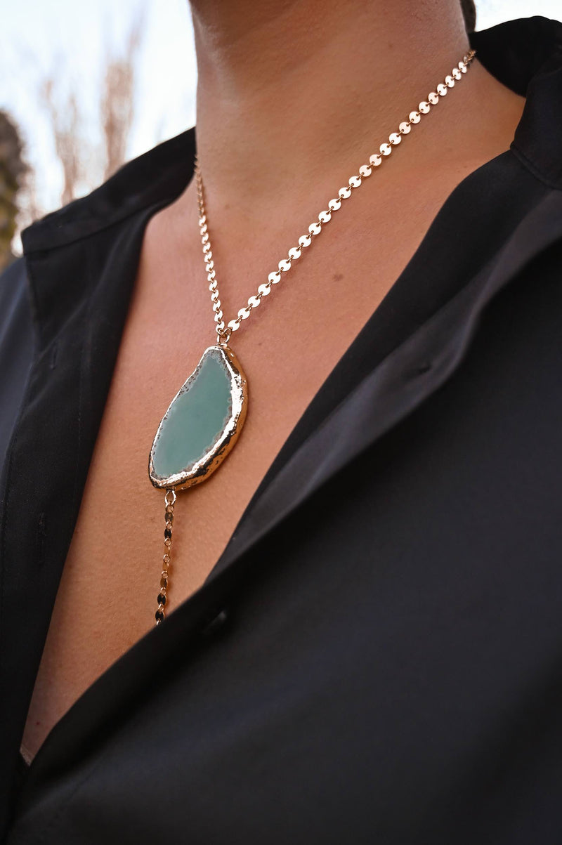 gold disc chain green agate pendant necklace